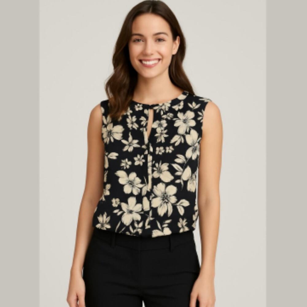 THE LIMITED Black & Beige Floral Sleeveless Blouse Keyhole Neckline Top